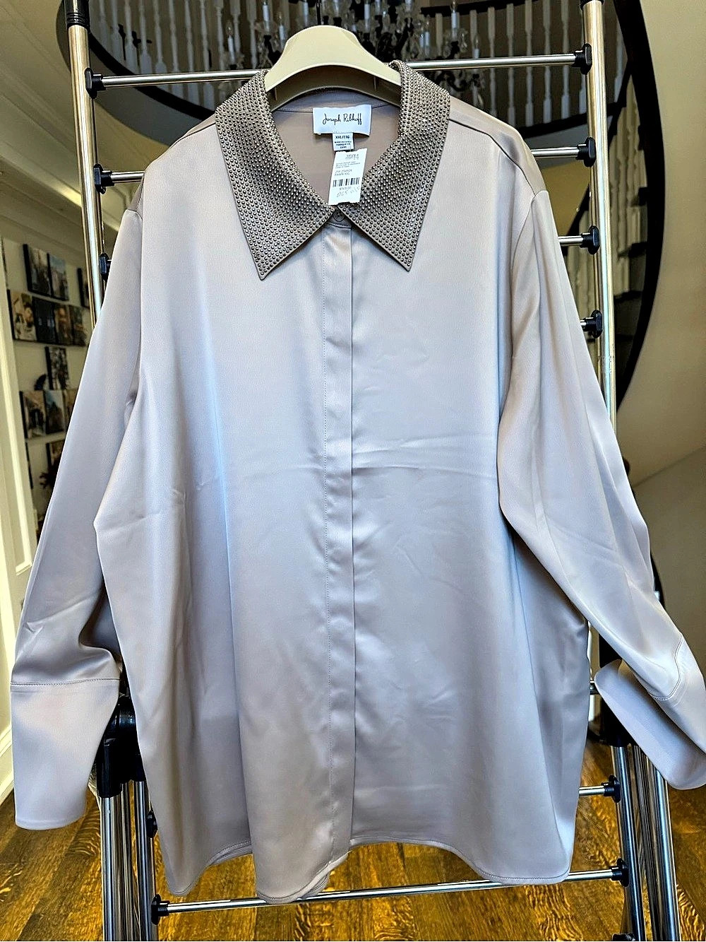 Joseph Ribkoff Satin Button-Front Blouse with Embellished Collar Embellished